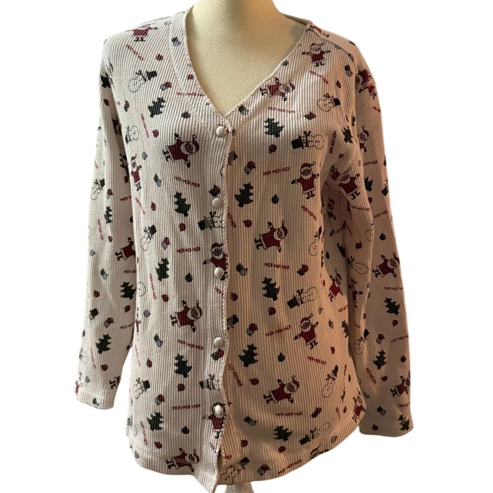 Delicates Christmas Pajama Top, Santa, Trees, Snowman Graphics, Size Medium